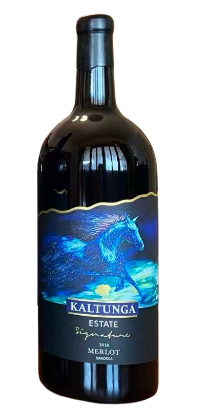 Kaltunga Estate 2018 Merlot Magnum bottle with running blue horse artwork